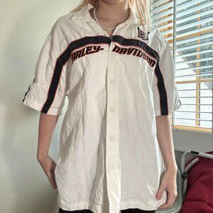 Vintage Harley-Davidson White Button Up Shirt – Flame Sleeve Embroidery – Size L